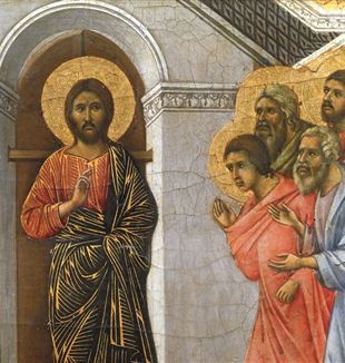 Duccio di Buoninsegna (1260 ca.-1318), Maestà, cymantium: ''The Appearance of Christ behind closed doors'' (detail)