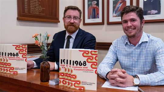 Tom (left) and Daniel Matthys, founders of the Dawson Society, launch a volume of essays from the ‘1968’ conference